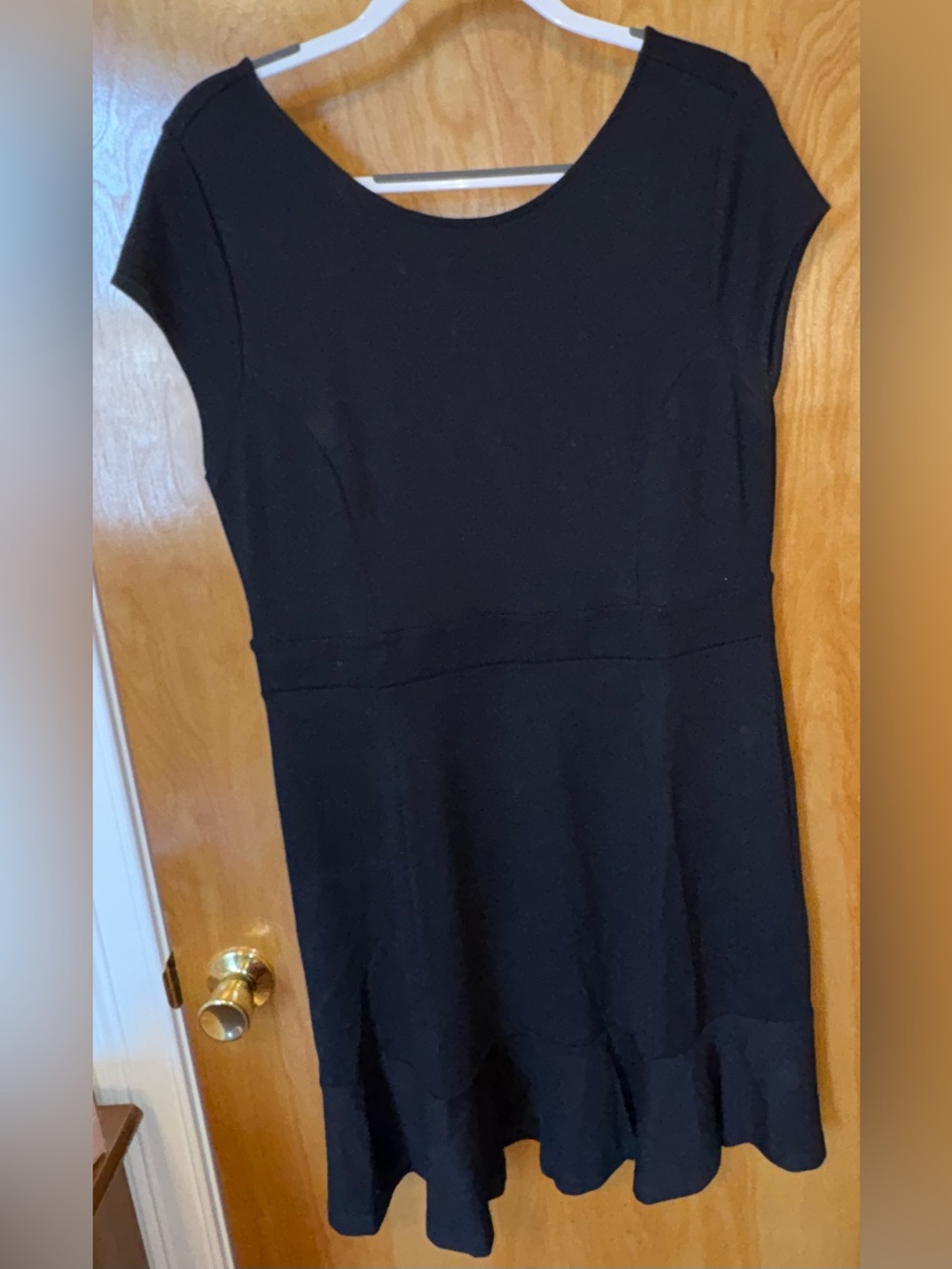 LOFT black ponte knit cap sleeve dress with ruffle trim Size 14 fit and flare